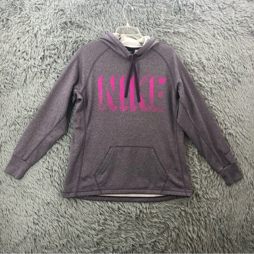 Nike Sweatshirt Womens Large Distressed Spellout Purple Kangaroo Pocket Hoodie